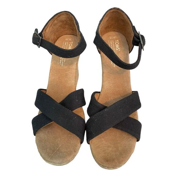 TOMS Sierra Strappy Espadrille Sandals Black Canvas Cork Bottom Wedge 10 - Picture 5 of 7